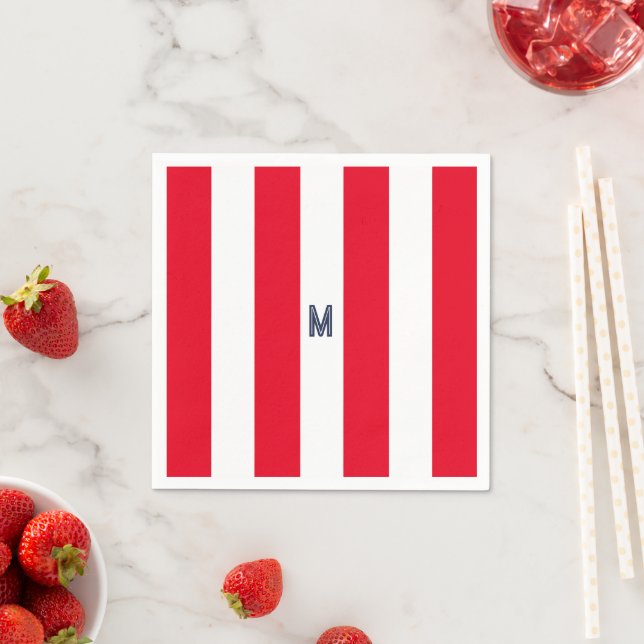 Red Cabana Strip & Personalisiert Navy Monogram Serviette (Beispiel)