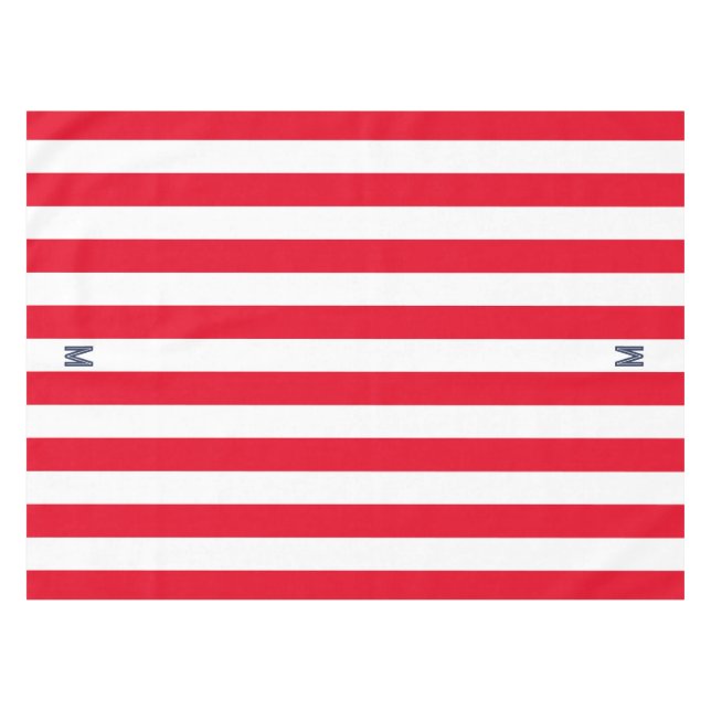 Red Cabana Strip & Personalisiert Navy Monogram Tischdecke (Vorderseite (Horizontal))