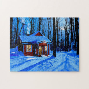 Red Cabin in einem schneebedeckten Wald-Puzzle Puzzle