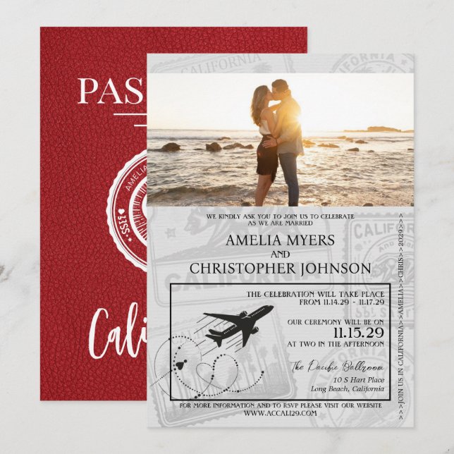 Red California Passport Wedding Einladung (Vorne/Hinten)