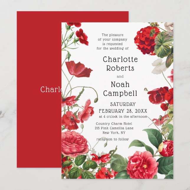 Red Camellia Country Blume Moderne Blumenhochzeit Einladung (Vorne/Hinten)