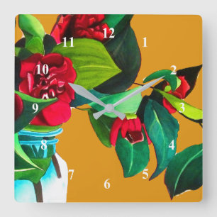 Red Camellias watercolor original floral art Quadratische Wanduhr