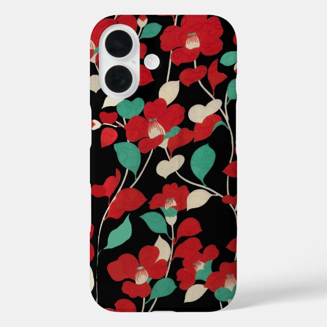 RED CAMELLIAS, WEISSE GRÜNE BLÄTTER BLACK Dark Flo Case-Mate iPhone Hülle (Rückseite)