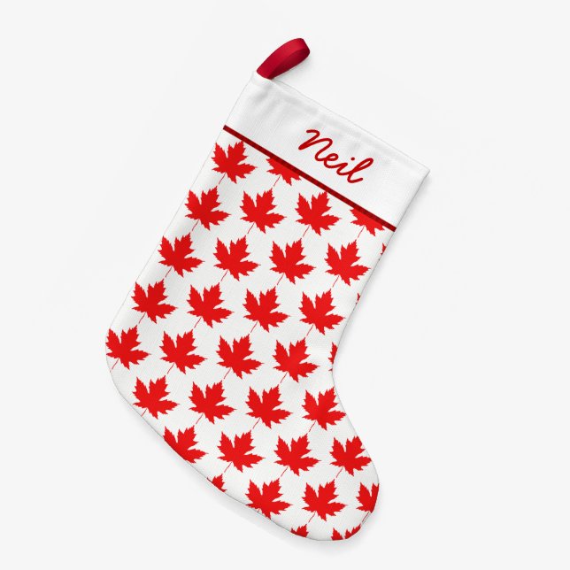 Red Canadian Maple Leaf Muster Custom Canada Kleiner Weihnachtsstrumpf (Vorderansicht (hängend))