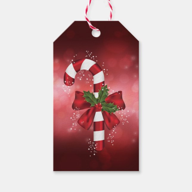 Red Candy Cane auf einem roten Bokeh Hintergrund Geschenkanhänger (Vorderseite)