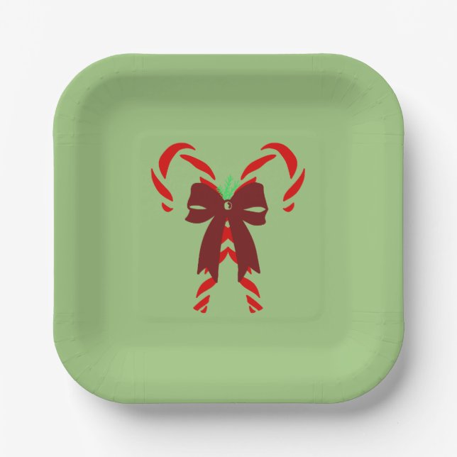 Red Candy Canes with Pine Needles & Bow Pappteller (Vorderseite)