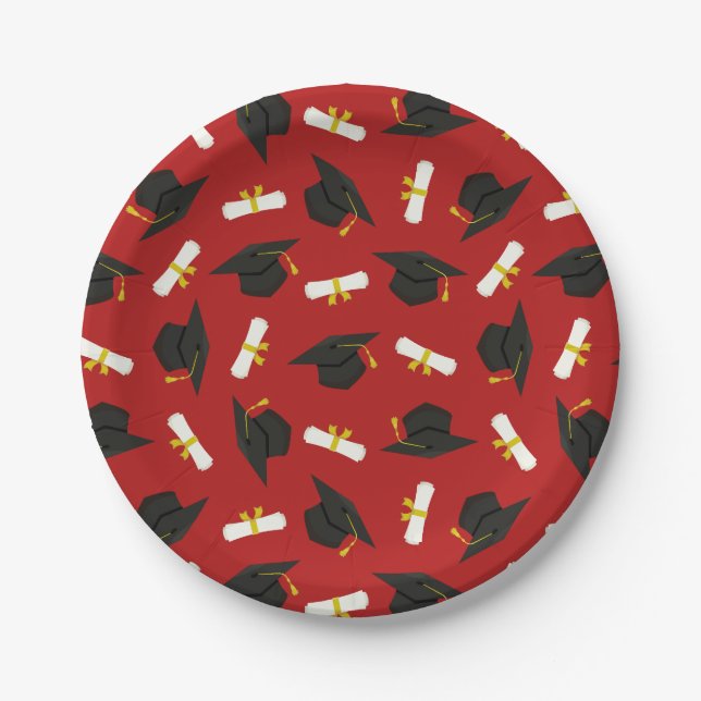 Red Caps Diplomas Pattern Graduation Party Pappteller (Vorderseite)