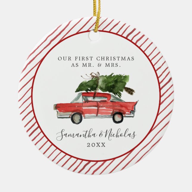 Red Car | Erste Weihnachten als Herr & Mrs. Keramik Ornament (Vorne)