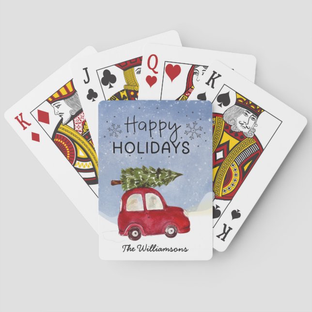 Red Car Happy Holidays Personalisiert Spielkarten (Rückseite)