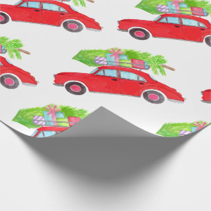 Red Car mit Weihnachtsbaum Aquarell Geschenkpapier