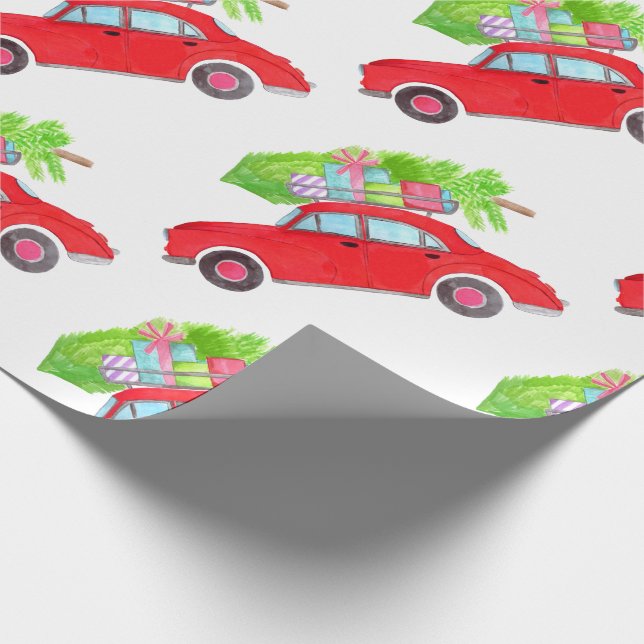 Red Car mit Weihnachtsbaum Aquarell Geschenkpapier (Ecke)