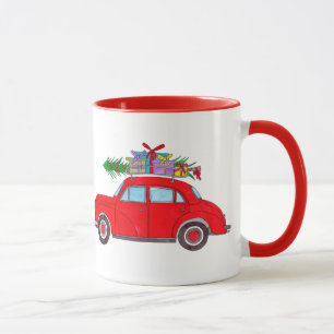 Red Car mit Weihnachtsbaum Wasserfarbe Kaffee Tass Tasse