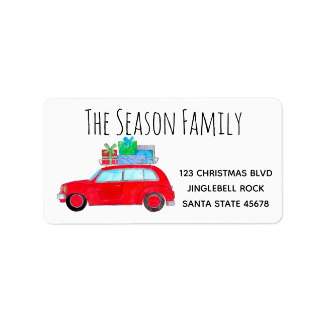 Red Car mit Weihnachtsgeschenken Adressaufkleber (Vorne)