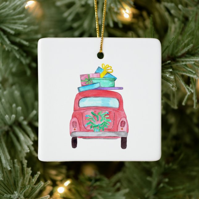 Red Car mit Weihnachtsgeschenken Wasserfarbe Keramikornament (Baum)