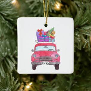 Red Car mit Weihnachtsgeschenken Wasserfarbe Keramikornament