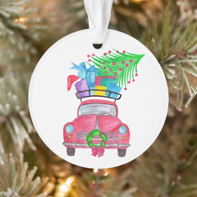 Red Car mit Weihnachtsgeschenken Wasserfarbe Ornament (Baum)