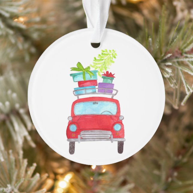 Red Car mit Weihnachtsgeschenken Wasserfarbe Ornament (Baum)