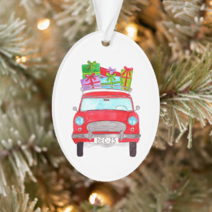 Red Car mit Weihnachtsgeschenken Wasserfarbe Ornament