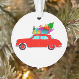 Red Car mit Weihnachtsgeschenken Wasserfarbe Ornament