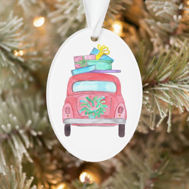 Red Car mit Weihnachtsgeschenken Wasserfarbe Ornament (Baum)