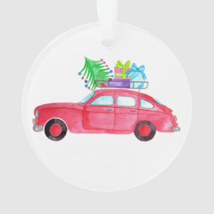 Red Car mit Weihnachtsgeschenken Wasserfarbe Ornament