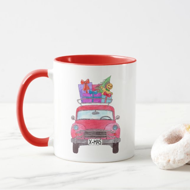Red Car mit Weihnachtsgeschenken Wasserfarbe Tasse (Mit Donut)