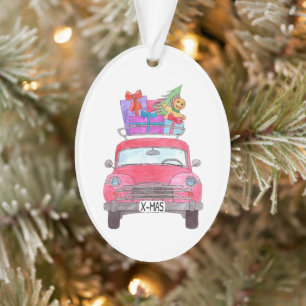 Red Car mit Weihnachtsgeschenken Wasserfarben Orna Ornament