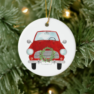 Red Car mit Weihnachtskranz Keramik Ornament