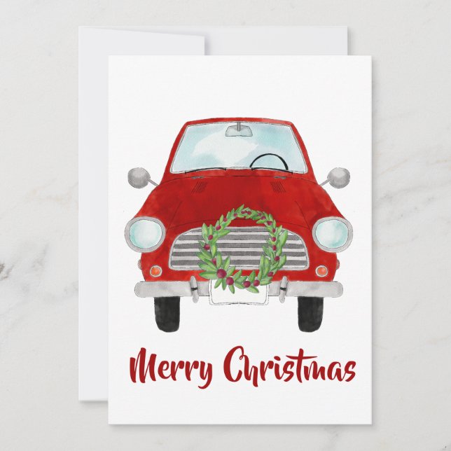 Red Car mit Weihnachtskranz Weihnachtskarte Feiertagskarte (Vorderseite)
