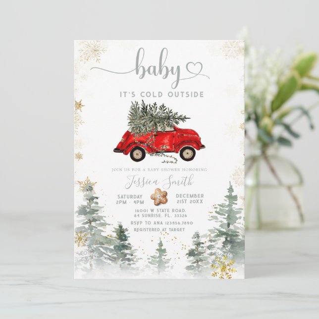 Red Car Pine Tree Winter Baby Shower Invitation Einladung (Stehend Vorderseite)