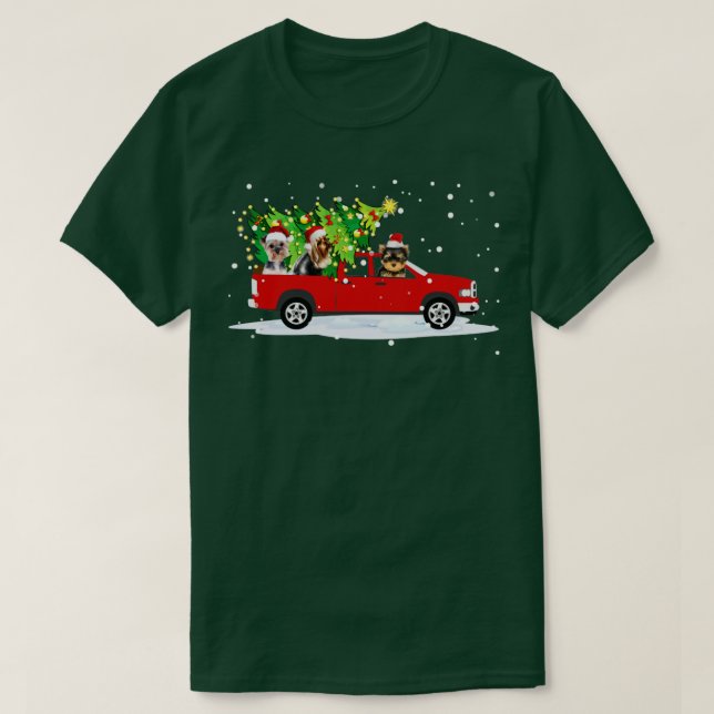 Red Car Truck Weihnachtsbaum Weihnachtsmann Hund T-Shirt (Design vorne)