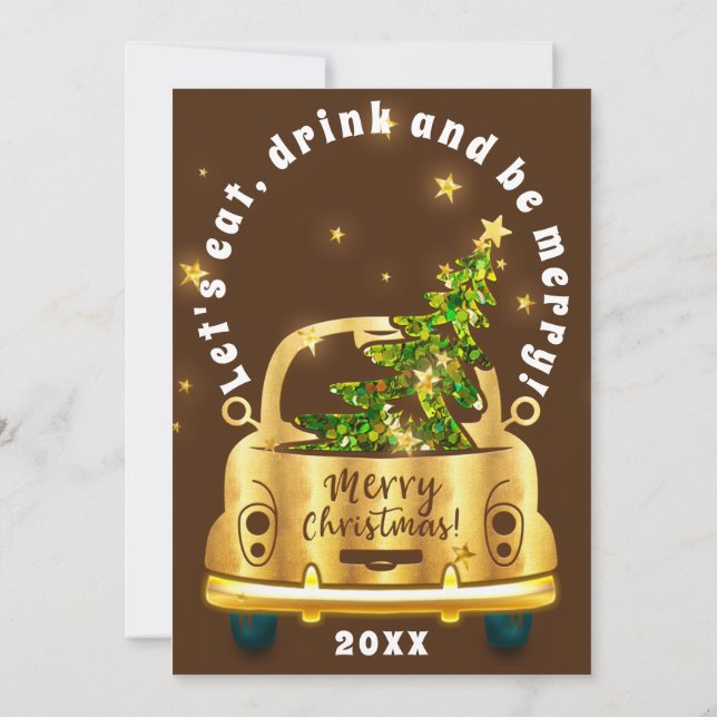 Red Car Weihnachts Brunch Dinner Tree Gold Brown Einladung (Rückseite)