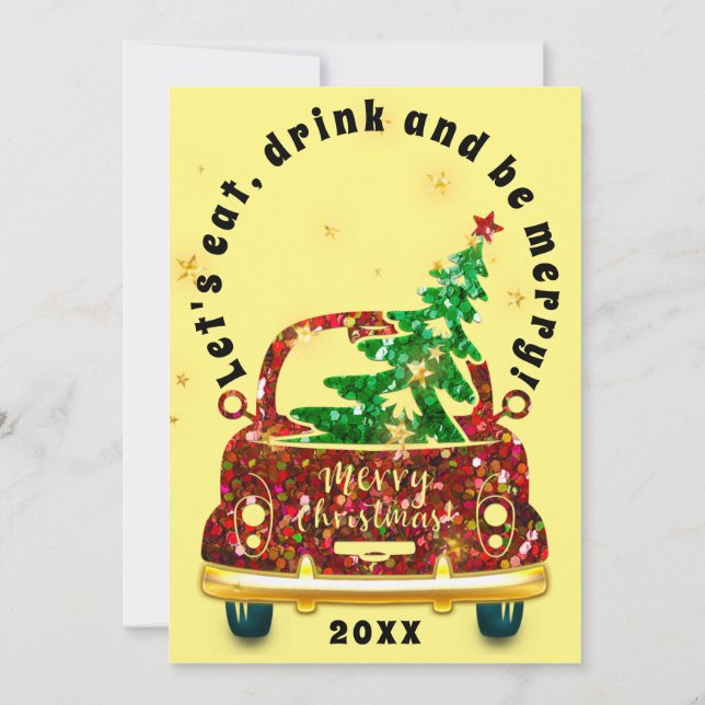 Red Car Weihnachts Brunch Dinner Tree Gold Gelb Einladung (Rückseite)