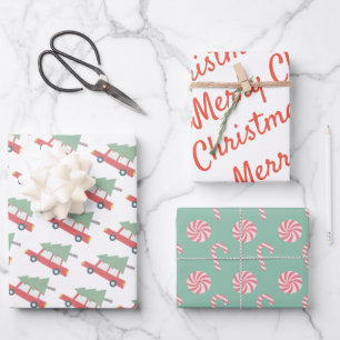 Red Car Weihnachtsbaum Candy Pattern Urlaub Geschenkpapier Set