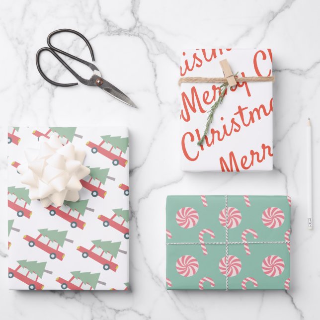 Red Car Weihnachtsbaum Candy Pattern Urlaub Geschenkpapier Set (Vorderseite)