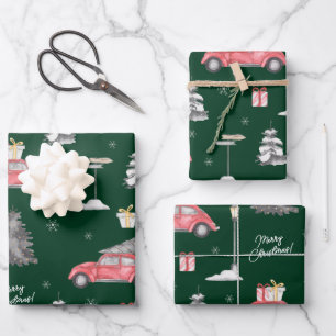 Red Car Winter Pattern Frohe Weihnachten Grün Geschenkpapier Set