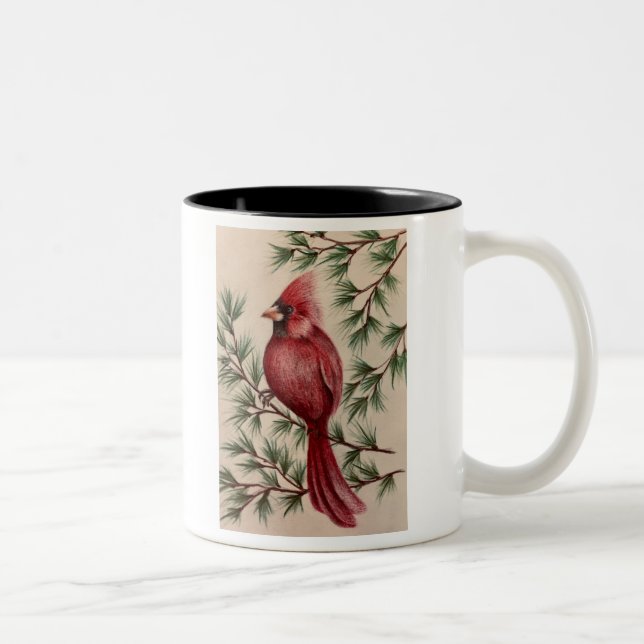 Red Cardinal and Pine Two-Tone Coffee Mug Zweifarbige Tasse (Rechts)