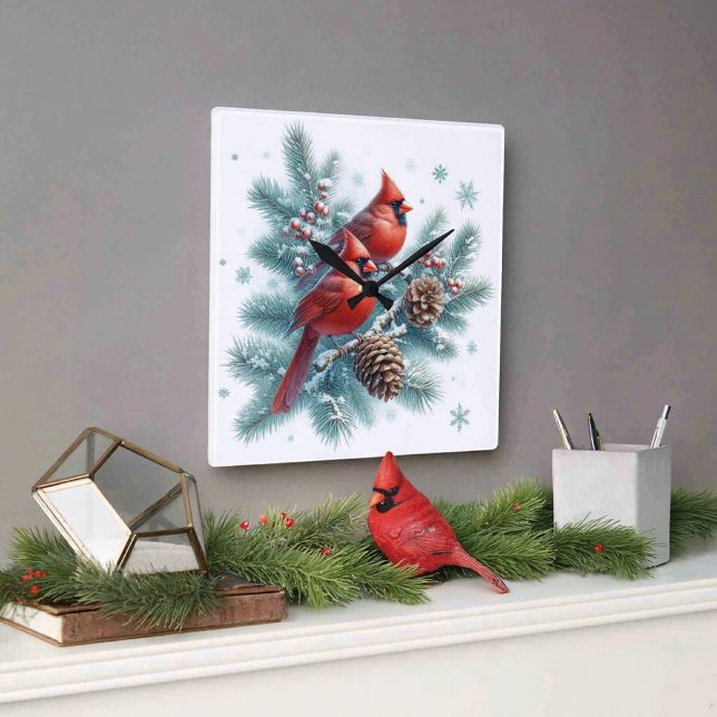Red Cardinal Bird and Pine Wall Clock Quadratische Wanduhr (Add cozy ambiance to your space with red cardinal birds wall clock. )