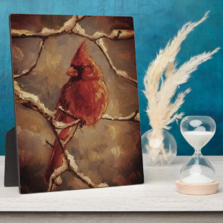 Red Cardinal Bird Oil Painting – Winter Branch Fotoplatte