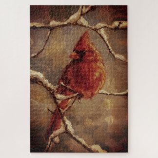 Red Cardinal Bird Oil Painting – Winter Branch Puzzle