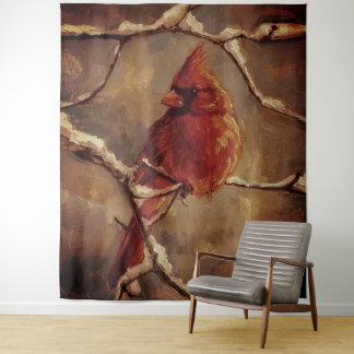 Red Cardinal Bird Oil Painting – Winter Branch Wandteppich