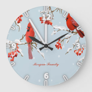 Red Cardinal Bird Tree Snow Christmas Große Wanduhr