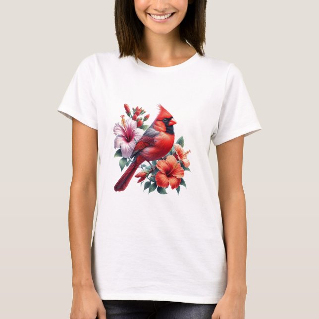 Red Cardinal & Hibiscus Vibrant Floral Bird T-Shirt (Vorderseite)