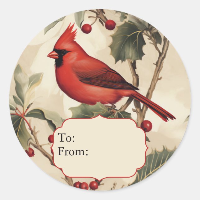 Red Cardinal & Holly Personalized To and From Runder Aufkleber (Vorderseite)