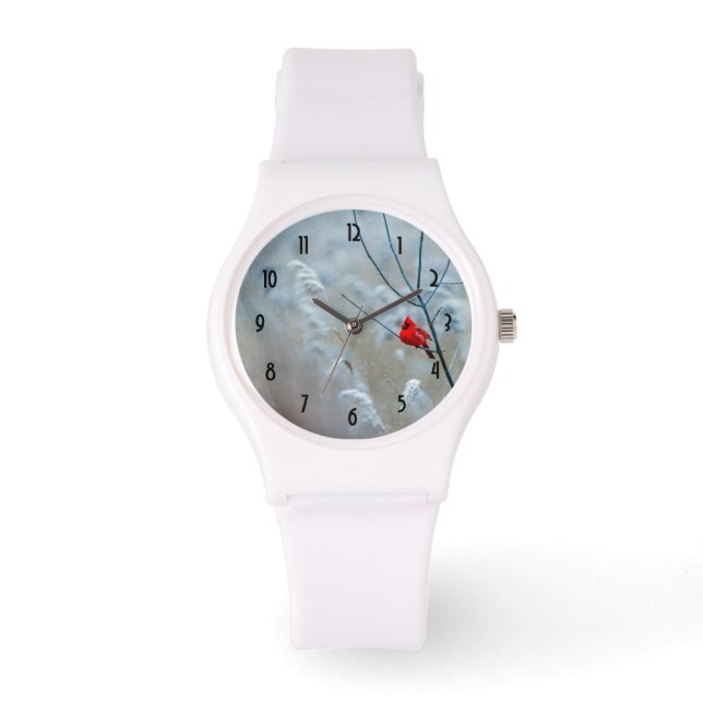 Red Cardinal in Winter Nature Foto von Christmas Armbanduhr (Vorderseite)