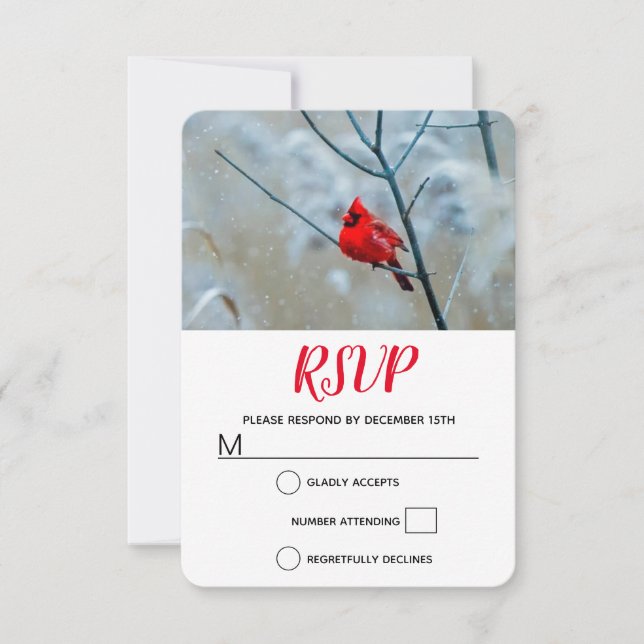 Red Cardinal in Winter Nature Foto von Christmas RSVP Karte (Vorderseite)