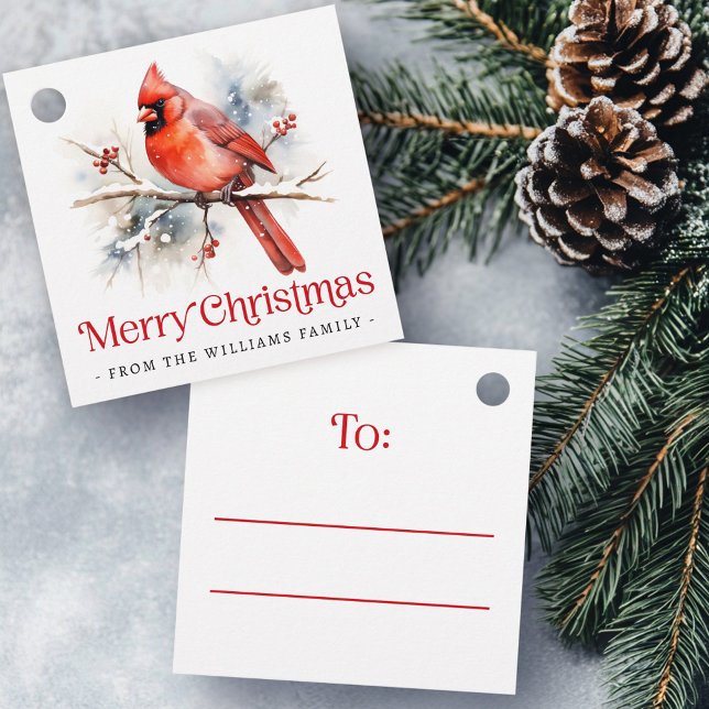 Red cardinal winter branch Merry Christmas to from Geschenkanhänger (Red cardinal winter branch Merry Christmas to from Favor Tags)