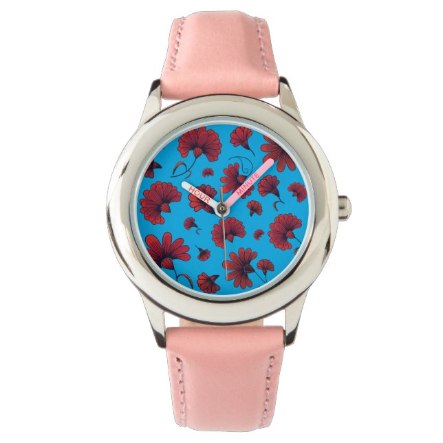 Red Carnation Pattern in Blue Armbanduhr (Vorderseite)