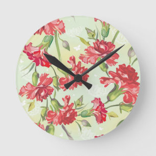 Red Carnations on green with butterflies Runde Wanduhr