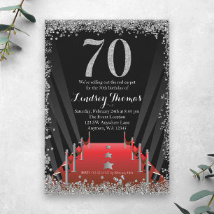 Red Carpet Hollywood Silver Glitzer 70. Geburtstag Einladung